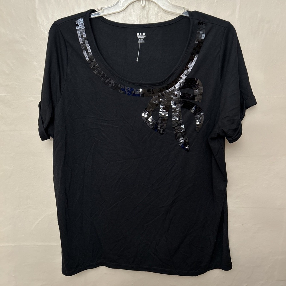 ANA Women's 3X‎ Black Stretch Knit Sequin Bow Neckline